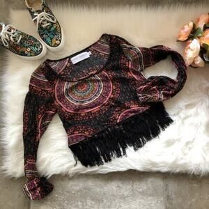 Mob Wife Gypsy Warrior Fringe Boxy Crop Top Black Red